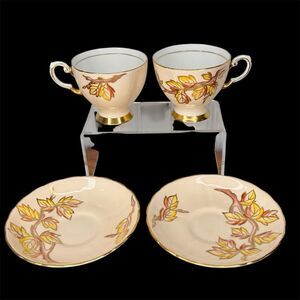 Tuscan Fine English Bone China 2 Cups + 2 Saucer Set Branch Leaf Gold Gild Cream